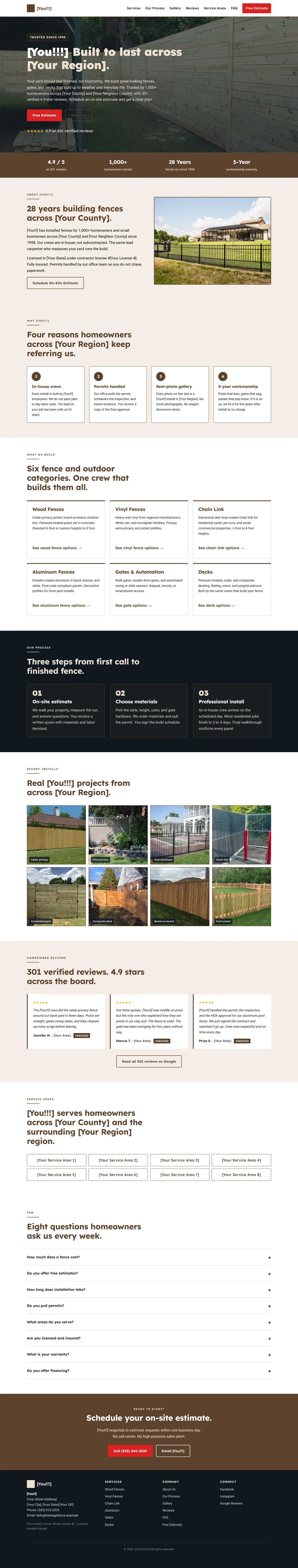 Heritage Fence Co. — centered heritage layout with badge, headline, and dual CTA