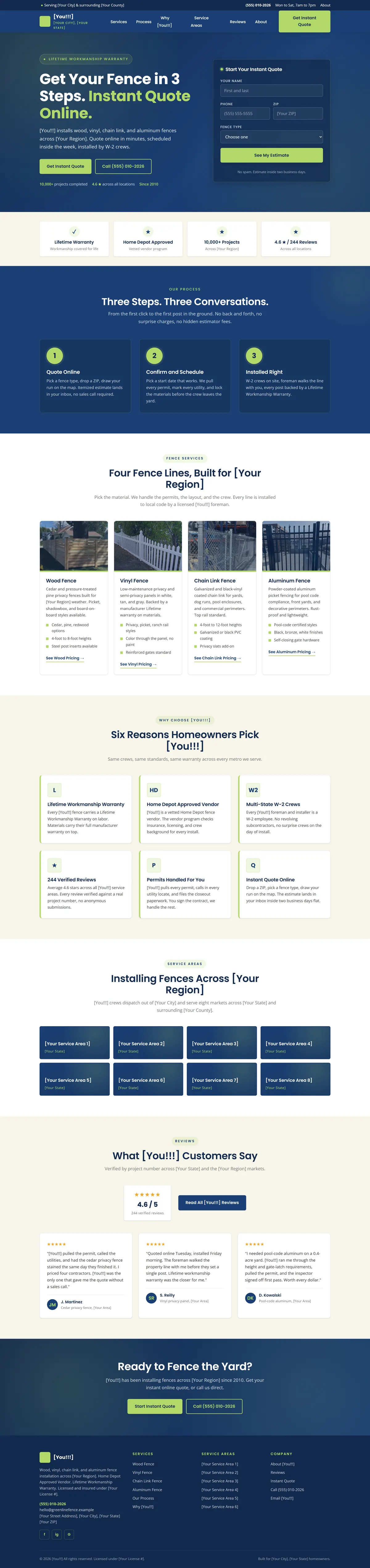 Greenline Fence Co. — navy site with a three-step process panel